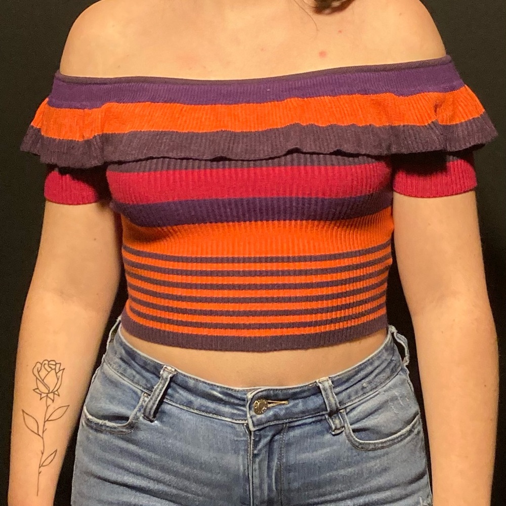 Knit off shoulder orange purple and pink top